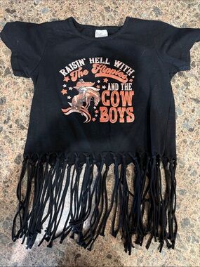 Fringed Graphic Tee - Raisin' Hell With The Cow Boys - Black & Orange